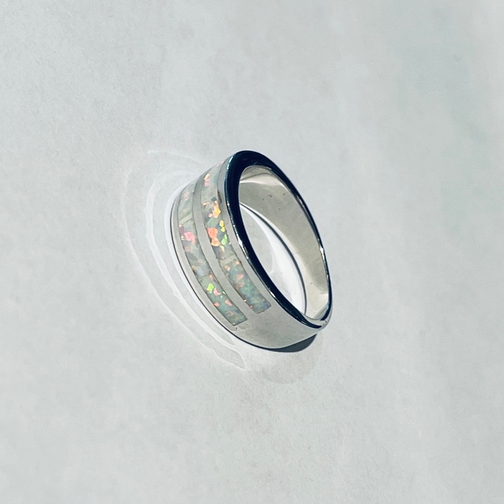 Sterling Silver White Lab Opal Ring, Wedding Band, October Birthstone Rings - Picture 12 of 13